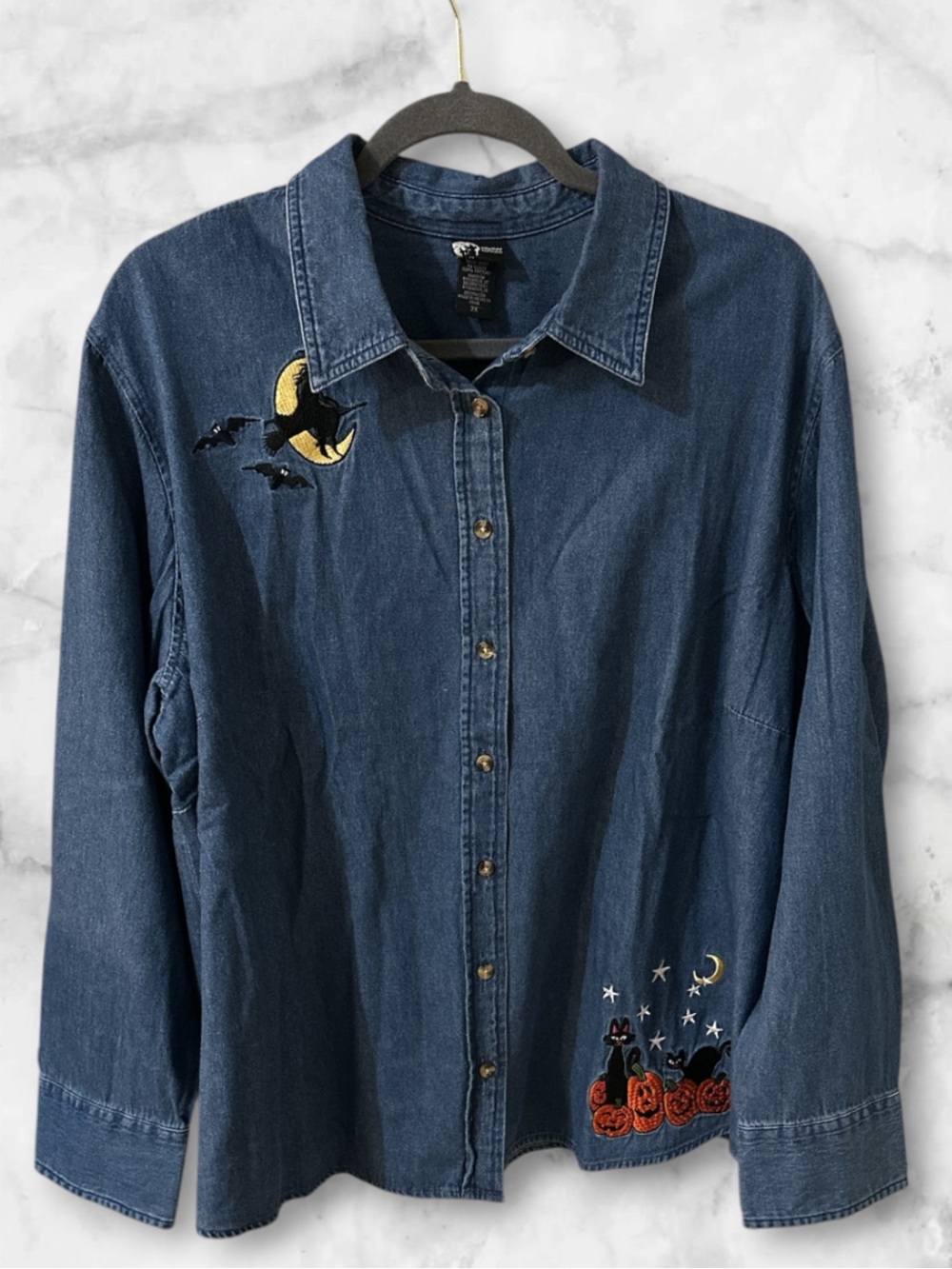 Holiday Editions denim long sleeve button up shirt Halloween embroidered size 2X